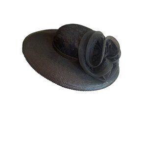 Elegant Black Wide-Brimmed Hat With Lace & Bow Detail